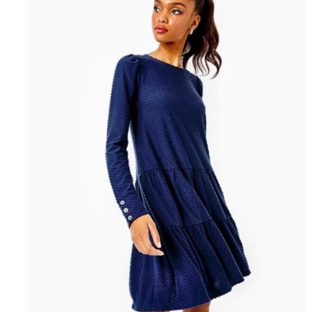 Lilly Pulitzer Arlette Swiss Dot Long Sleeve Navy Dress
